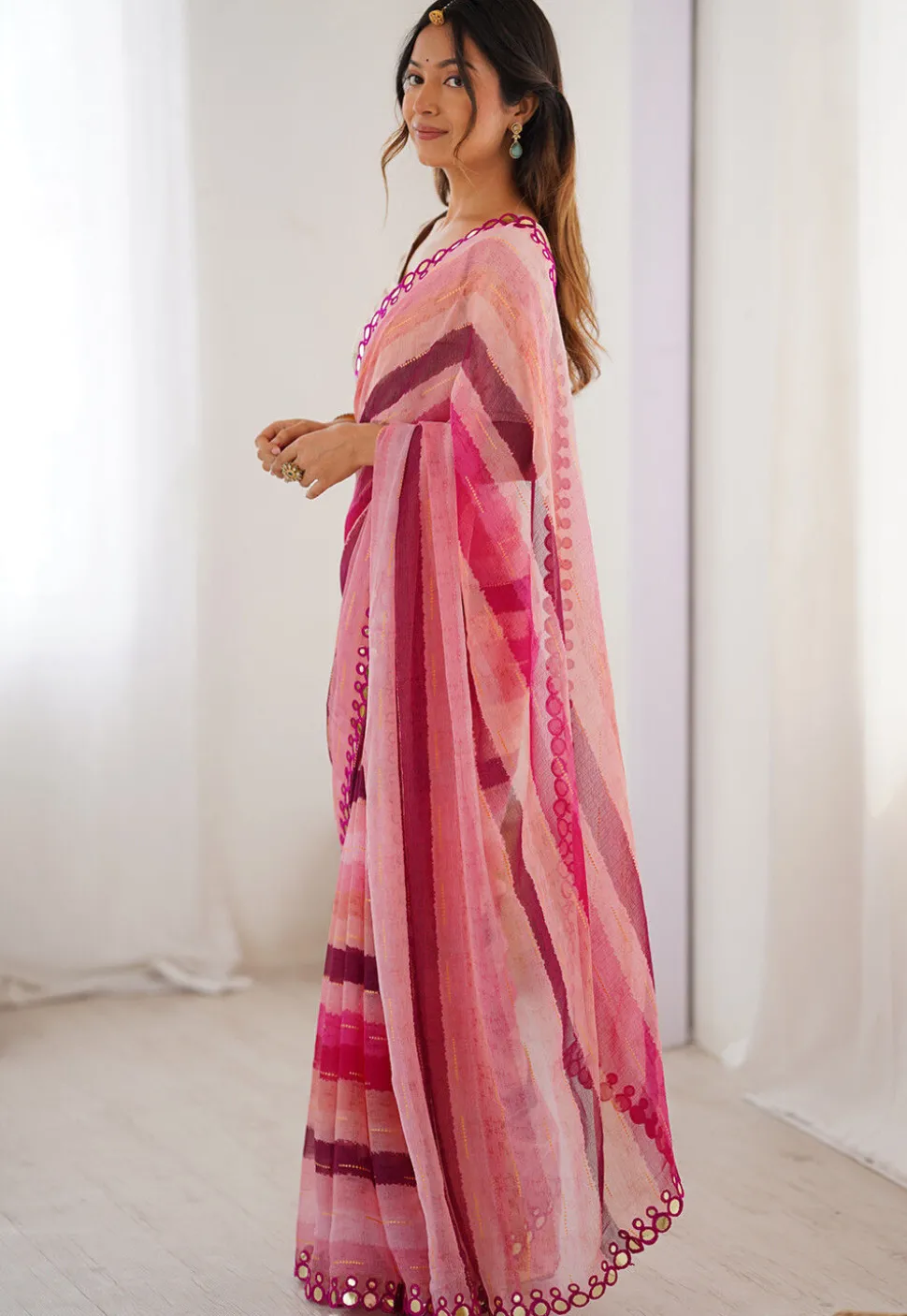 Digital Printed Chiffon Saree in Pink