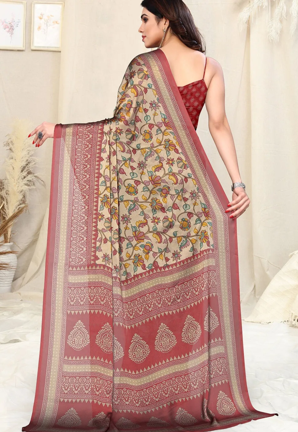 Digital Printed Chiffon Saree in Beige