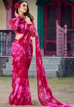 Digital Printed Chiffon Saree in Fuchsia