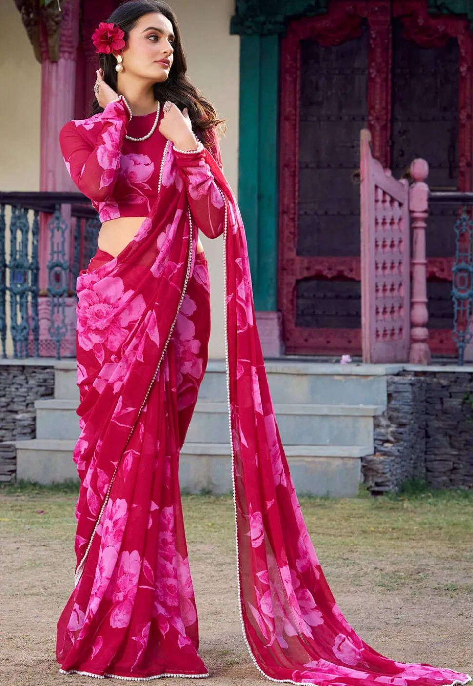 Digital Printed Chiffon Saree in Fuchsia