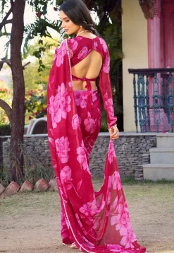 Digital Printed Chiffon Saree in Fuchsia