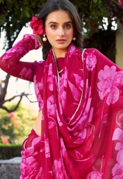Digital Printed Chiffon Saree in Fuchsia