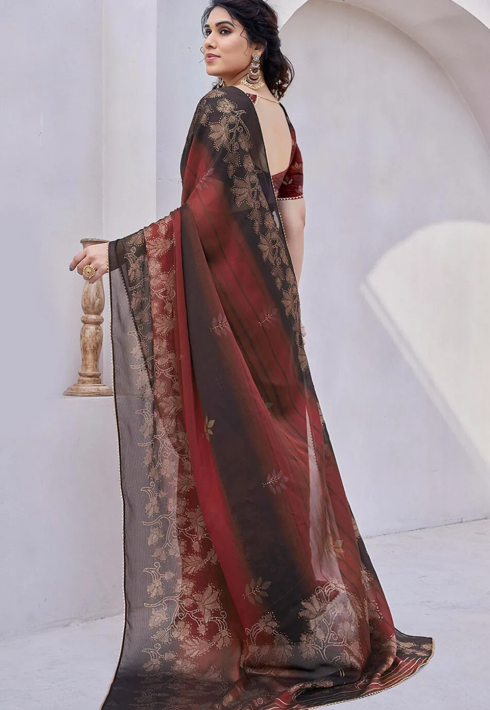 Digital Printed Chiffon Saree in Maroon and Black