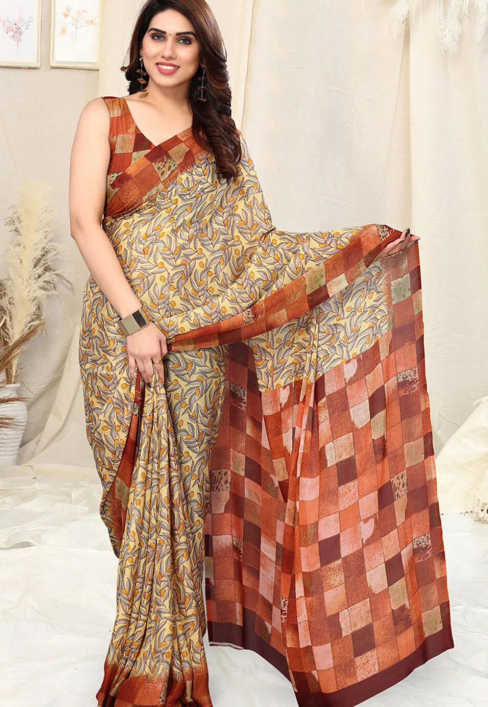 Digital Printed Chiffon Saree in Light Yellow