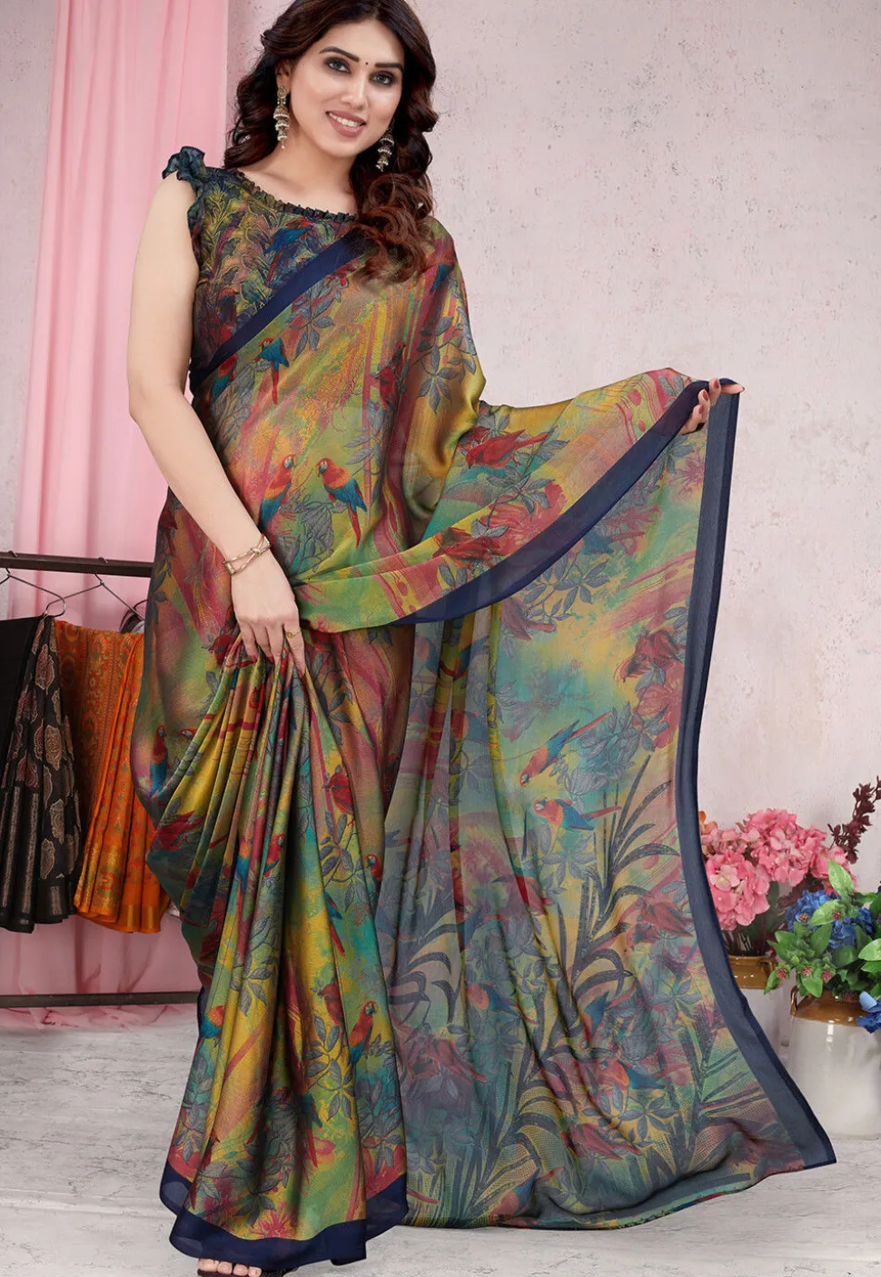 Digital Printed Chiffon Saree in Multicolor