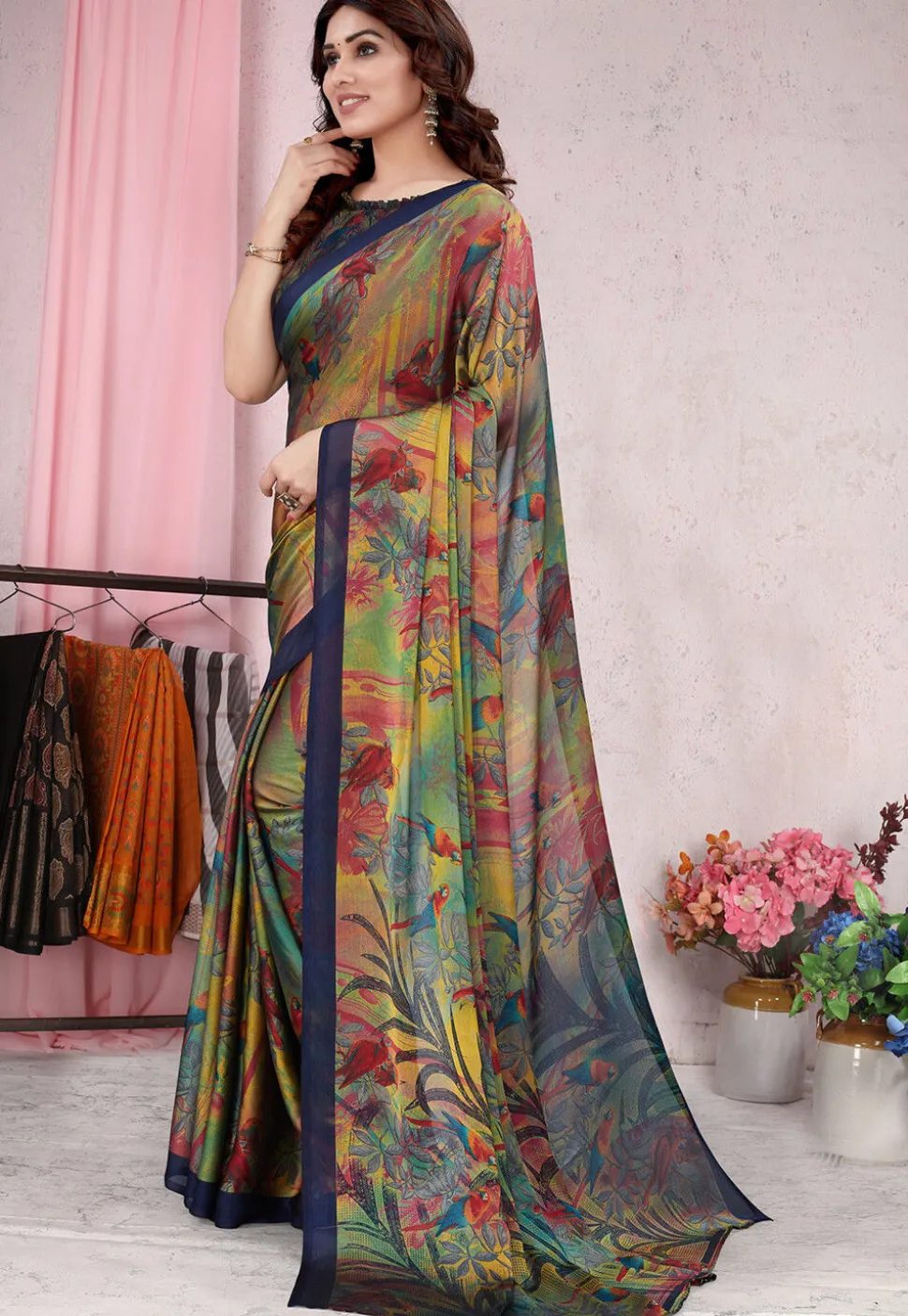Digital Printed Chiffon Saree in Multicolor
