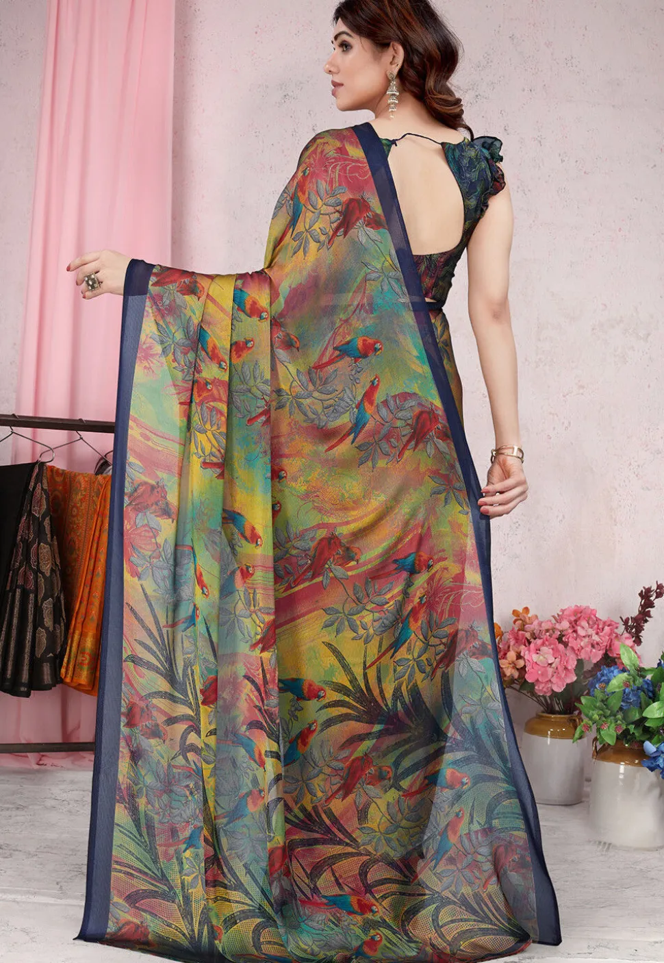 Digital Printed Chiffon Saree in Multicolor
