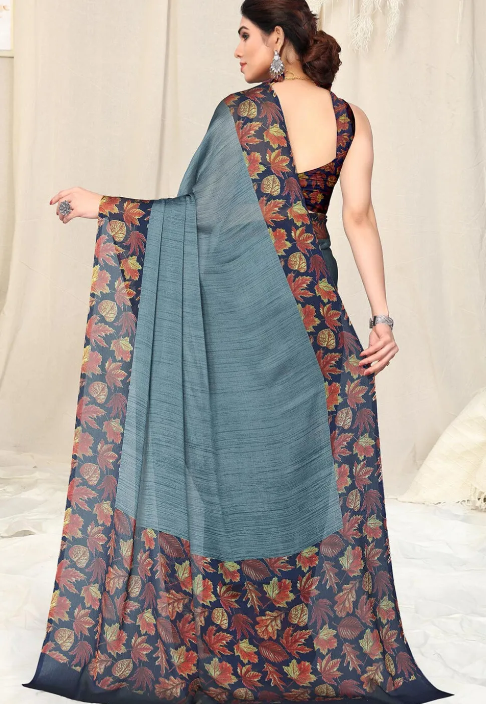 Digital Printed Chiffon Saree in Grey