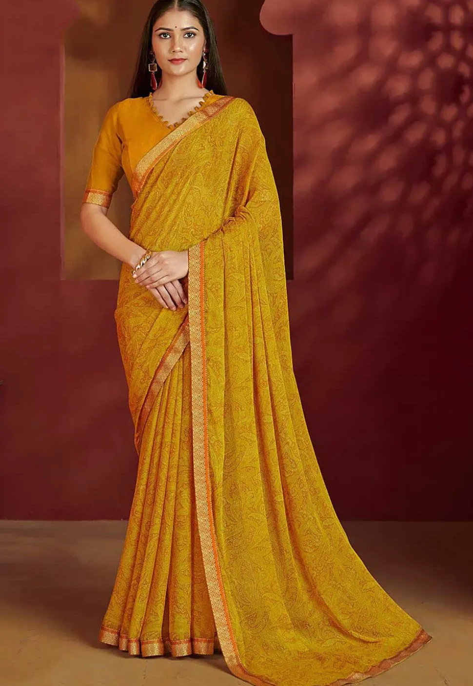 Digital Printed Chiffon Saree in Mustard