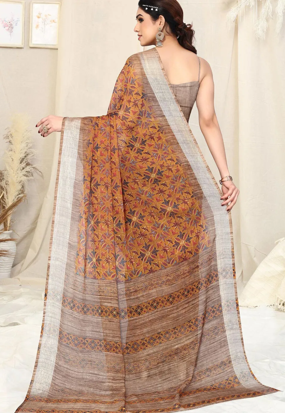 Digital Printed Chiffon Saree in Mustard