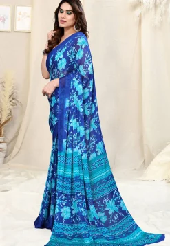 Digital Printed Chiffon Saree in Royal Blue