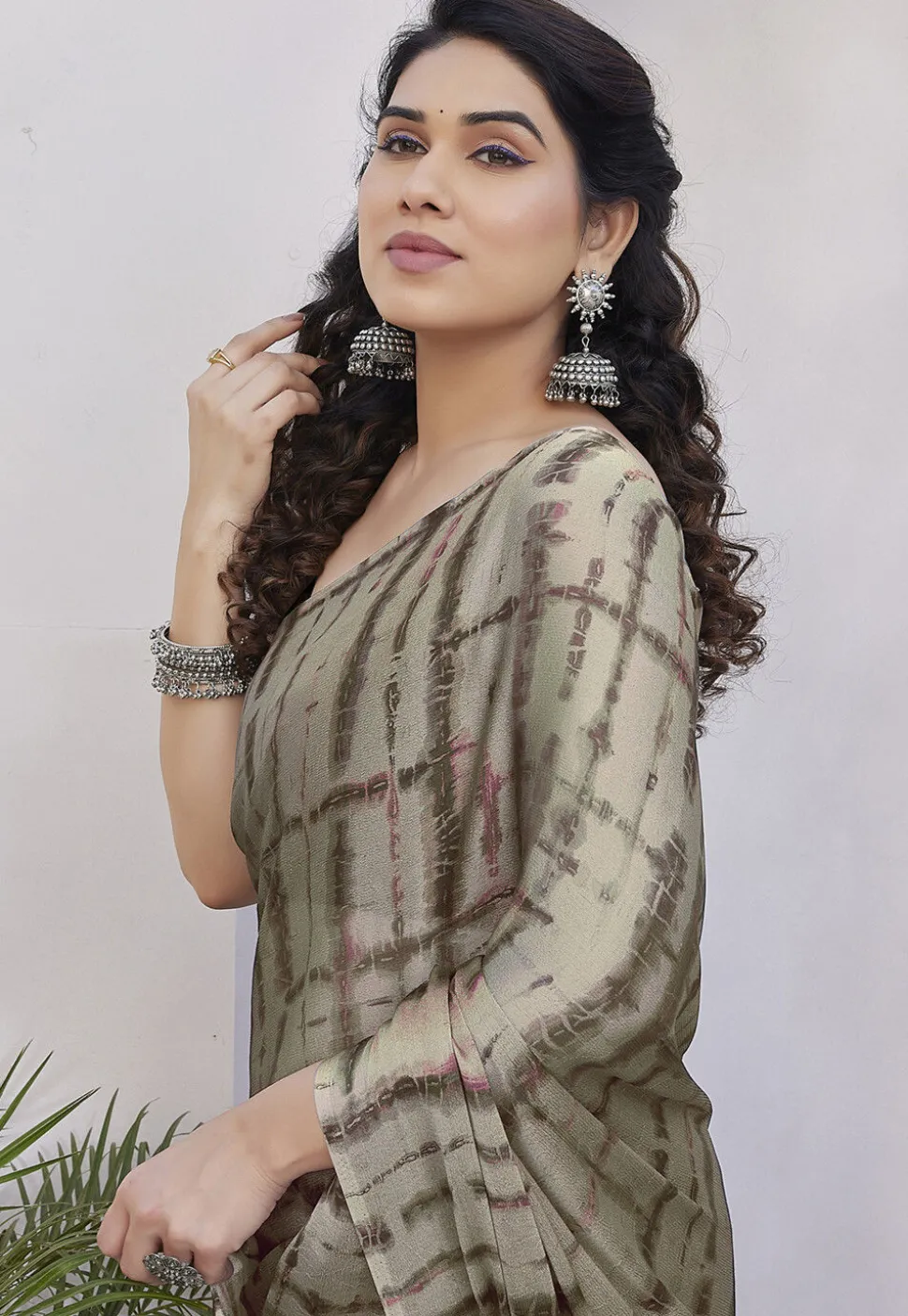 Digital Printed Chiffon Saree in Brown