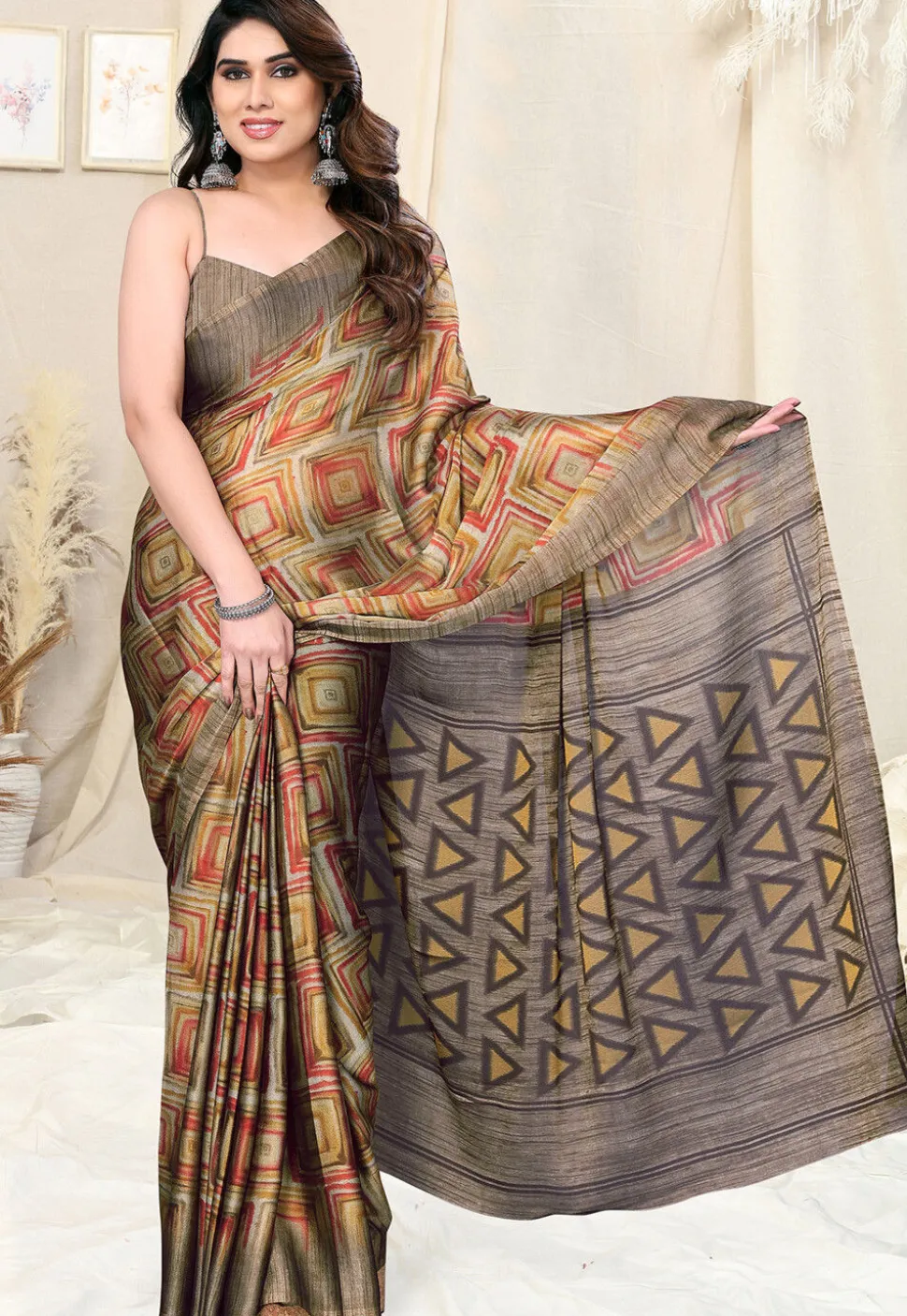 Digital Printed Chiffon Saree in Beige