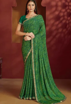 Digital Printed Chiffon Saree in Green
