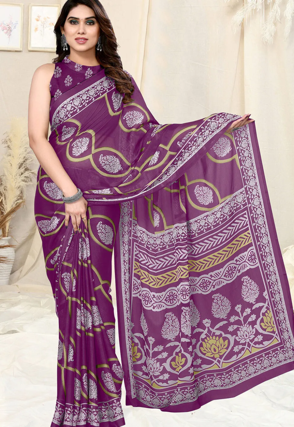Digital Printed Chiffon Saree in Purple