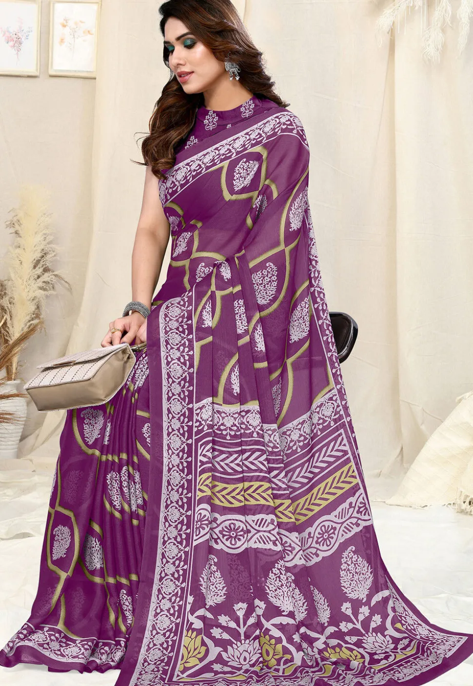 Digital Printed Chiffon Saree in Purple
