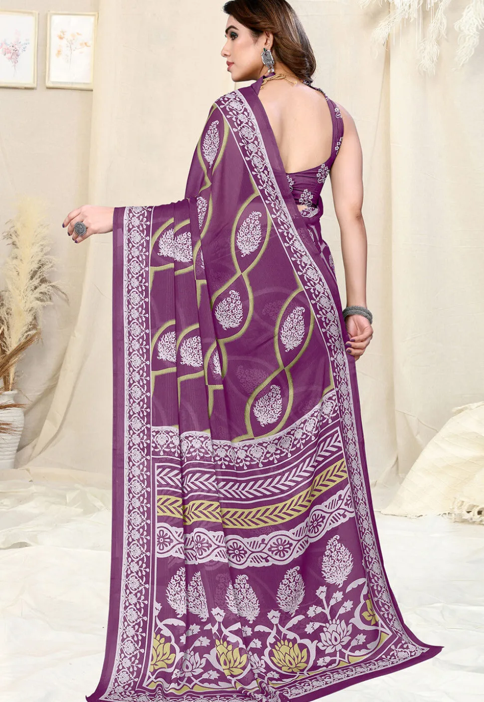 Digital Printed Chiffon Saree in Purple