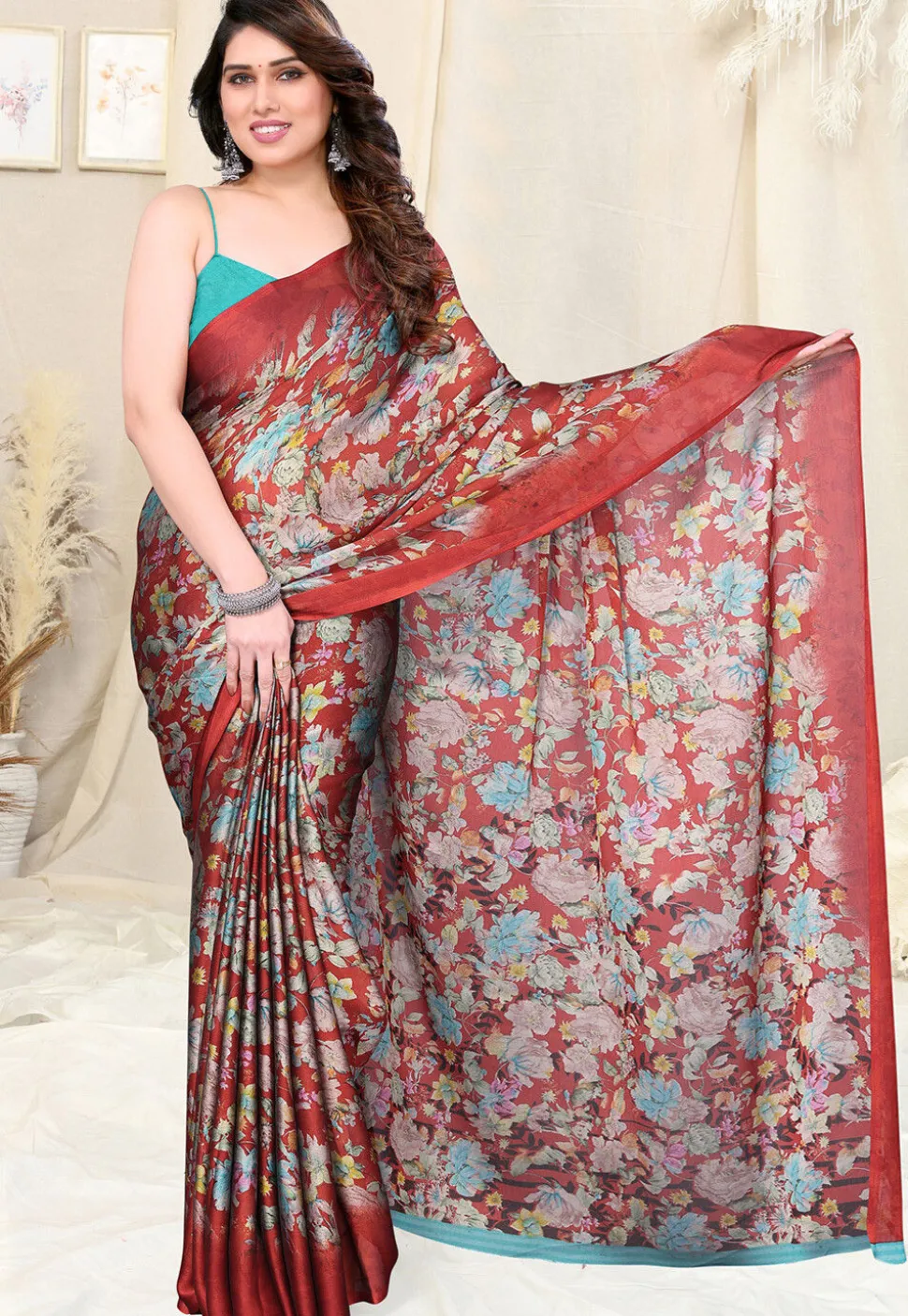 Digital Printed Chiffon Saree in Maroon