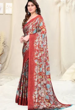 Digital Printed Chiffon Saree in Maroon