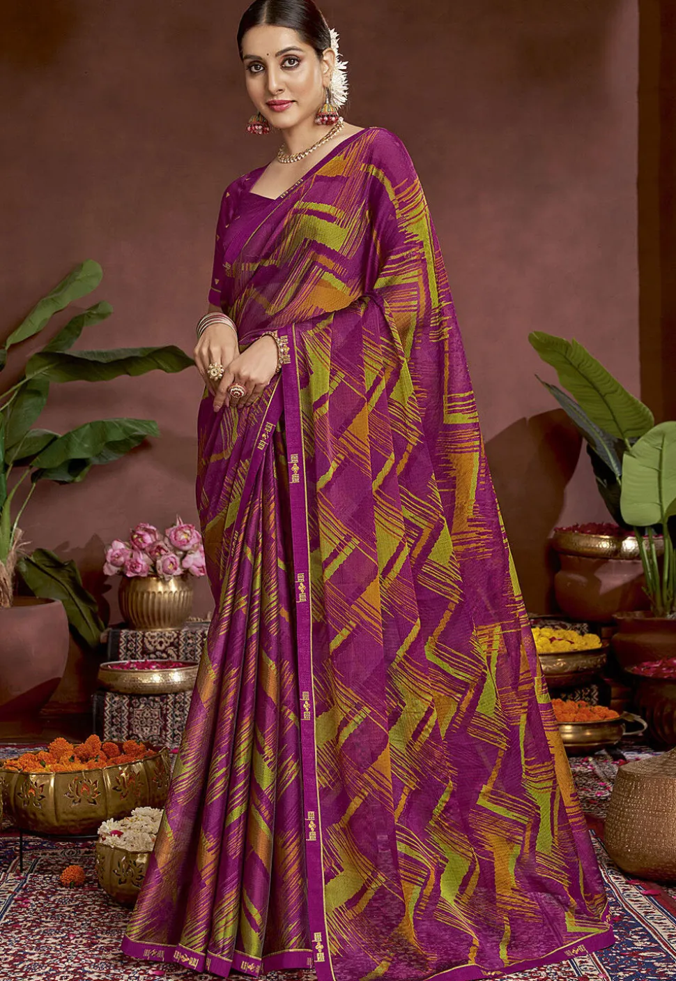 Digital Printed Chiffon Saree in Purple