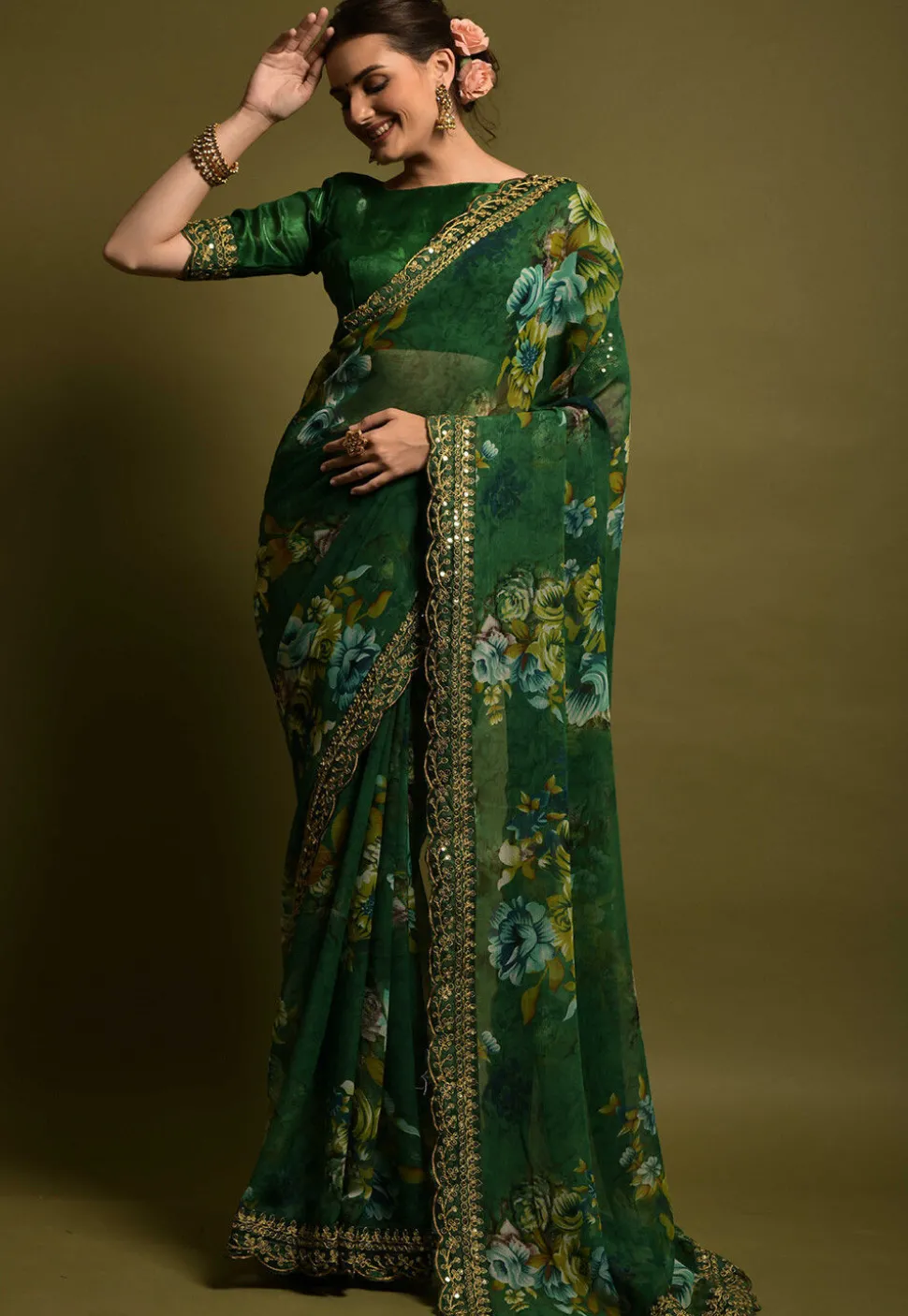 Digital Printed Chiffon Saree in Dark Green