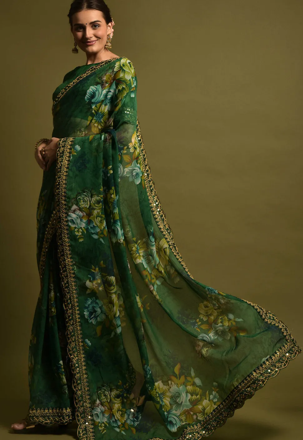 Digital Printed Chiffon Saree in Dark Green