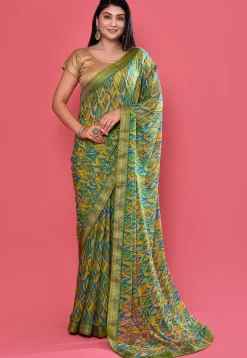 Digital Printed Chiffon Saree in Green