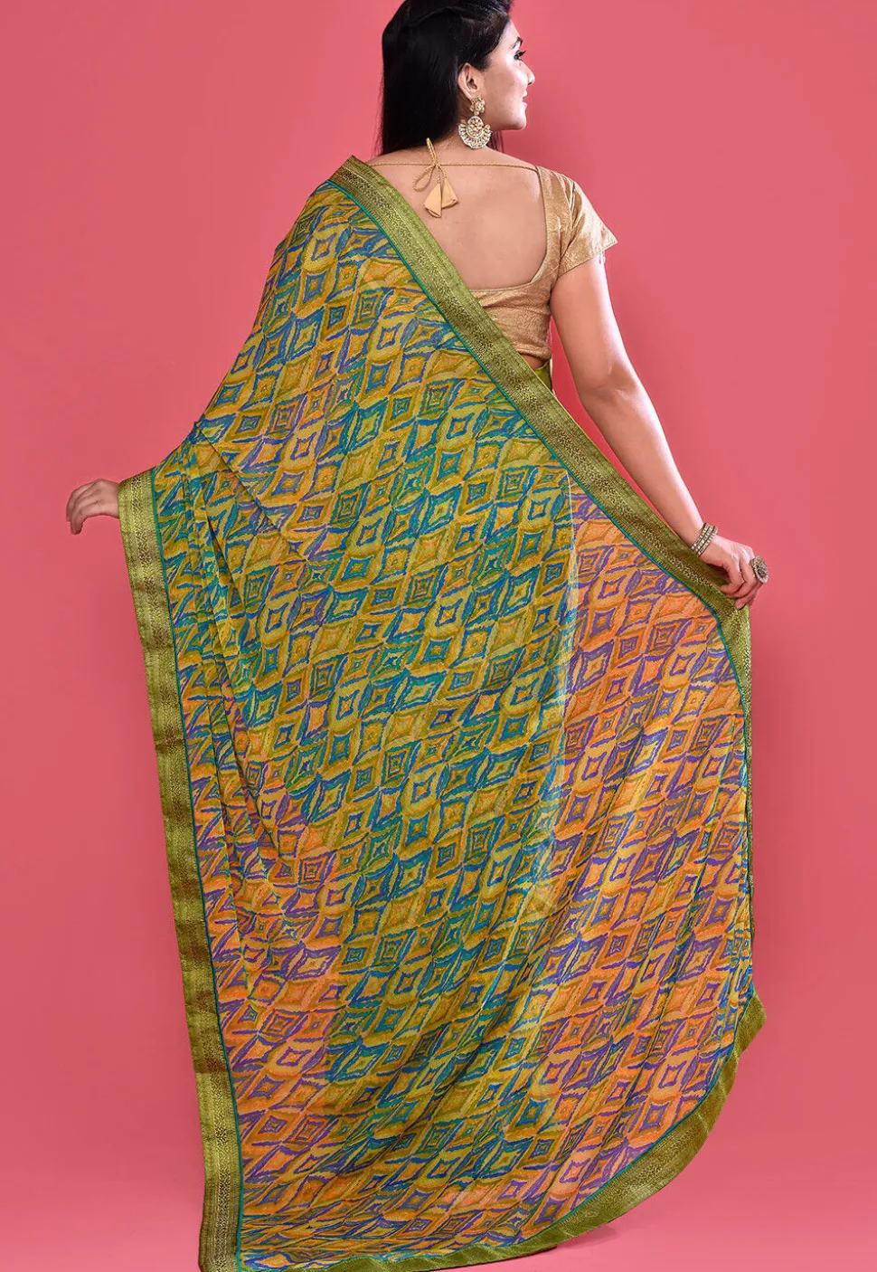 Digital Printed Chiffon Saree in Green