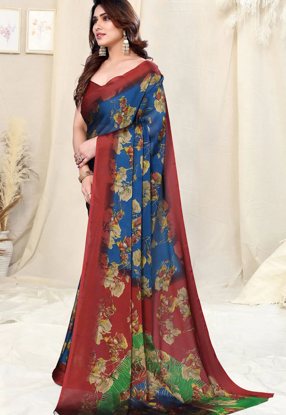Digital Printed Chiffon Saree in Navy Blue