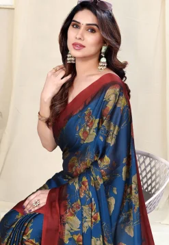 Digital Printed Chiffon Saree in Navy Blue