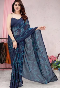 Digital Printed Chiffon Saree in Navy Blue