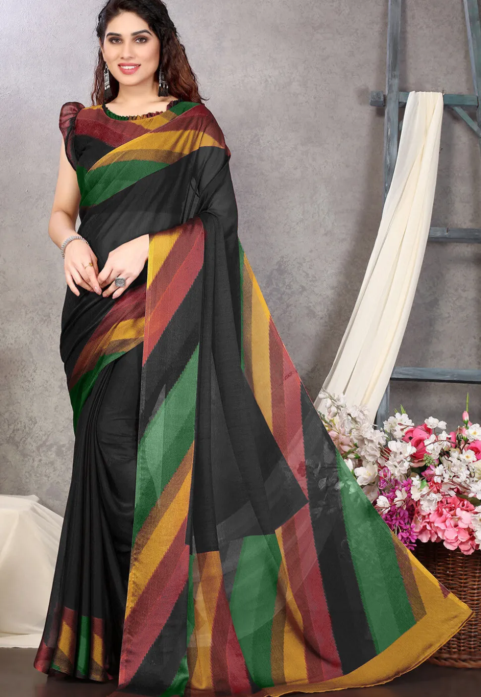 Digital Printed Chiffon Saree in Black