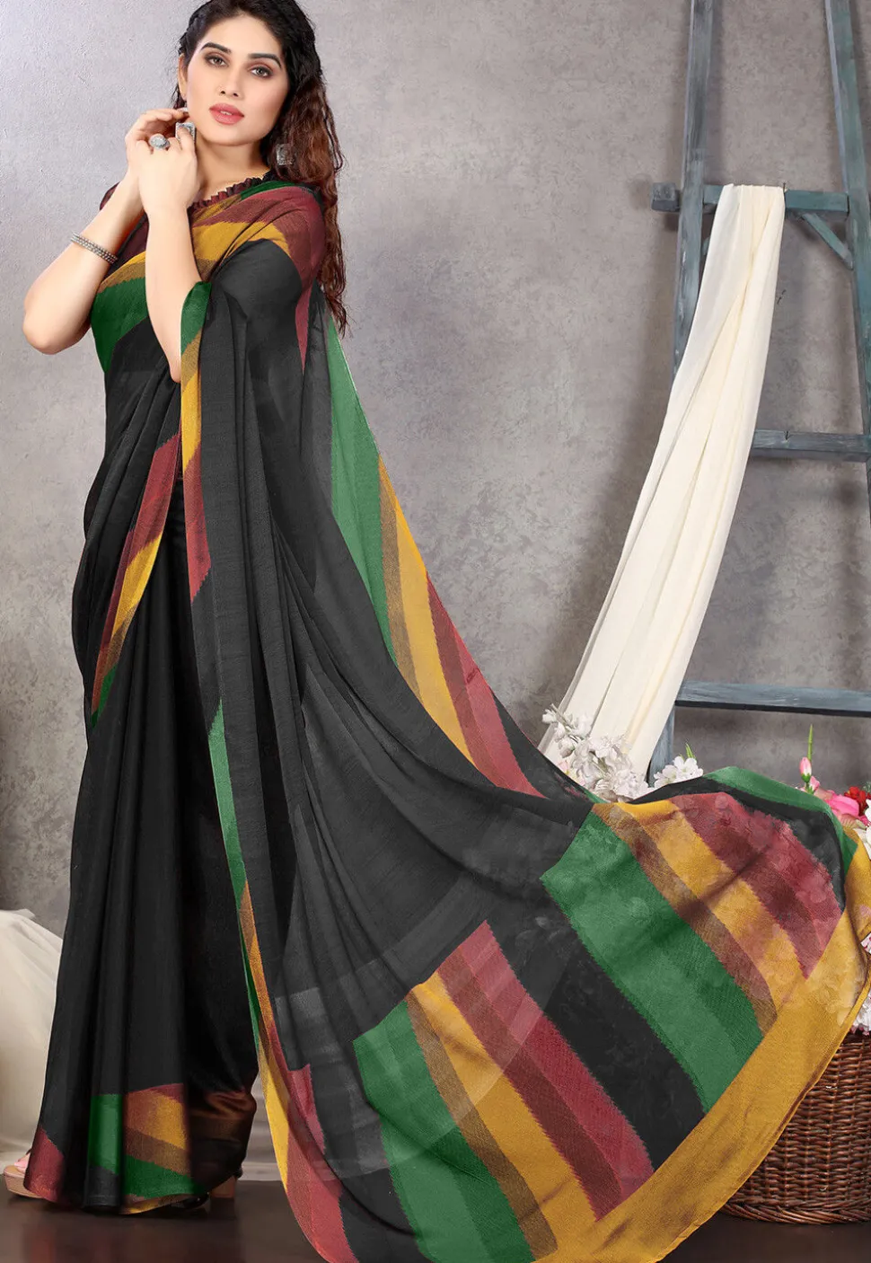 Digital Printed Chiffon Saree in Black