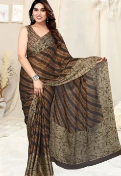 Digital Printed Chiffon Saree in Brown