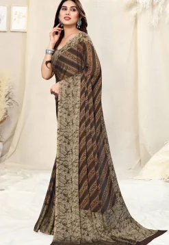 Digital Printed Chiffon Saree in Brown