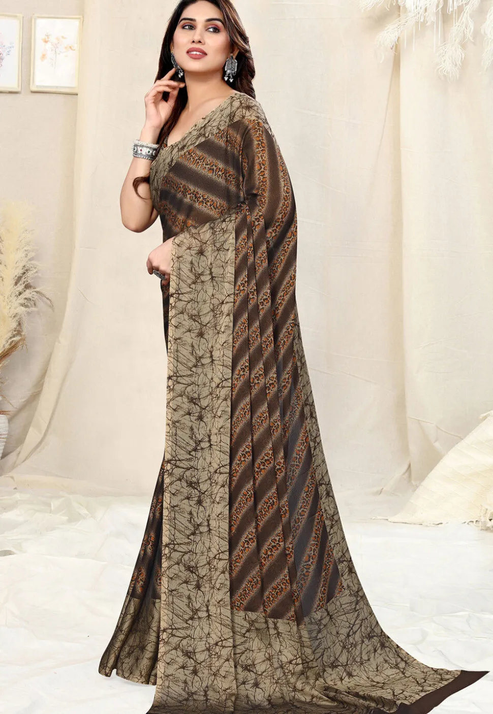 Digital Printed Chiffon Saree in Brown