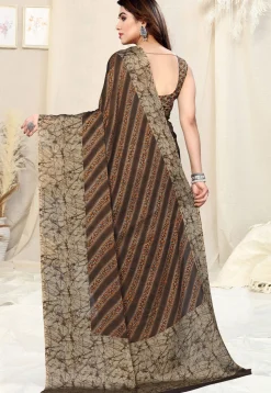 Digital Printed Chiffon Saree in Brown