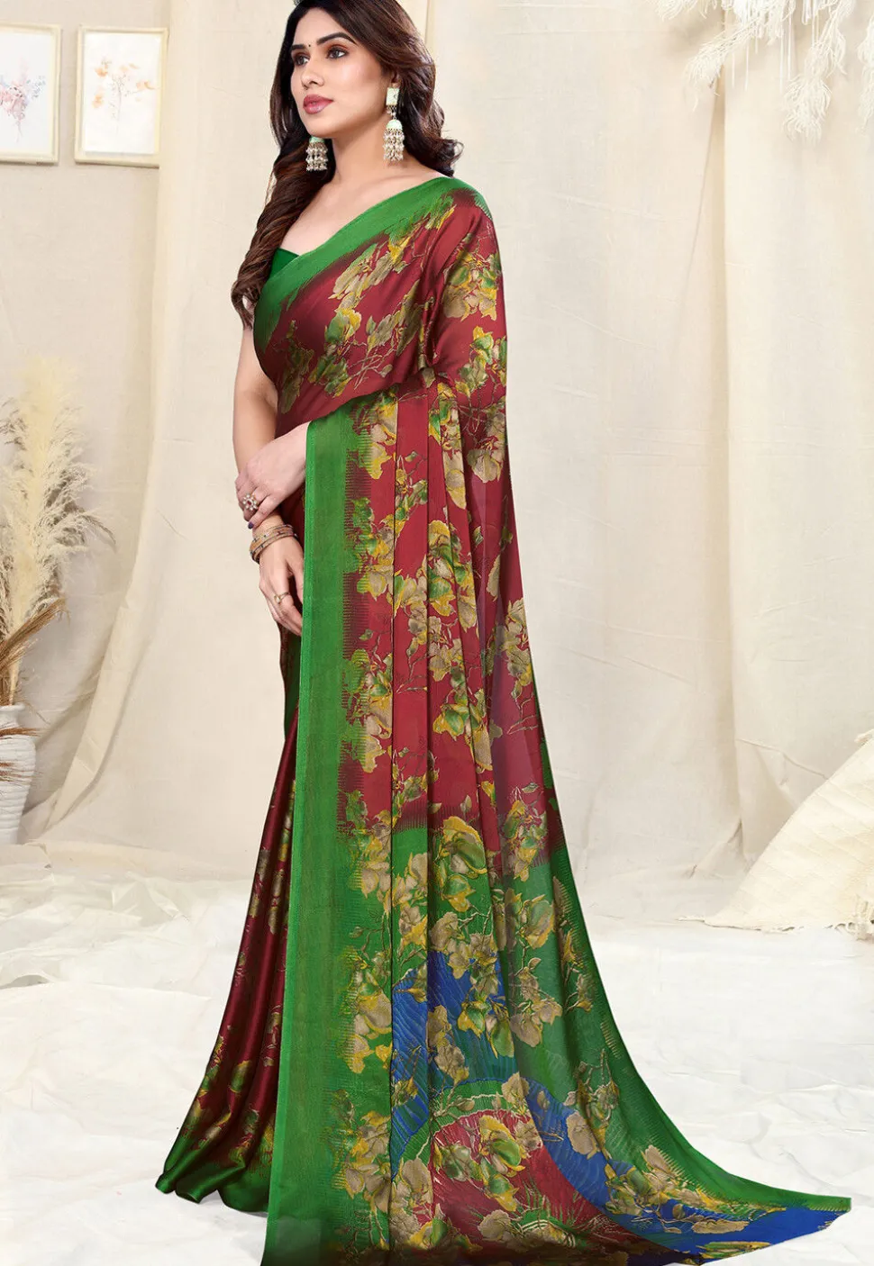 Digital Printed Chiffon Saree in Maroon