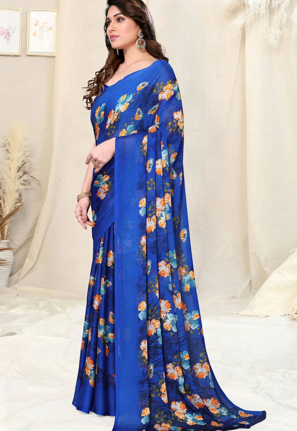 Digital Printed Chiffon Saree in Royal Blue