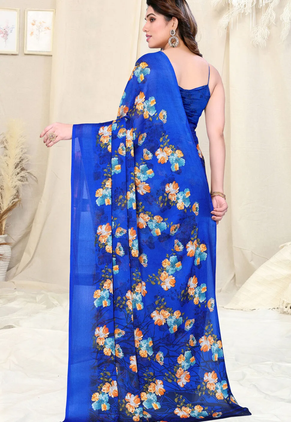 Digital Printed Chiffon Saree in Royal Blue