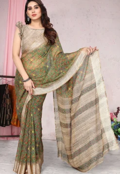 Digital Printed Chiffon Saree in Olive Green