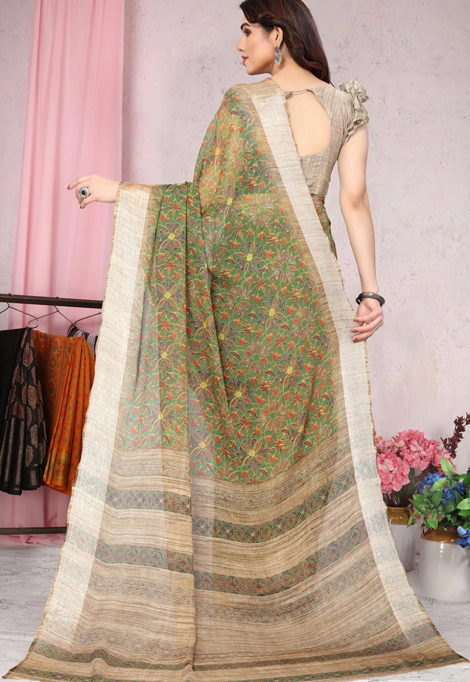 Digital Printed Chiffon Saree in Olive Green