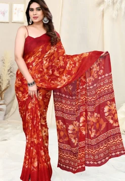 Digital Printed Chiffon Saree in Red