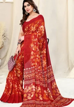 Digital Printed Chiffon Saree in Red