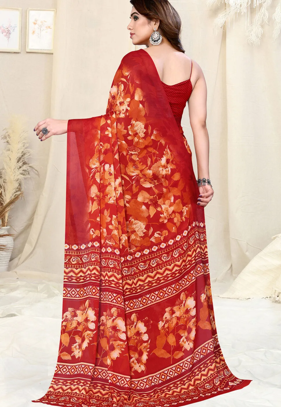 Digital Printed Chiffon Saree in Red