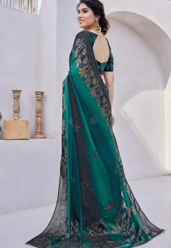 Digital Printed Chiffon Saree in Teal Green and Black