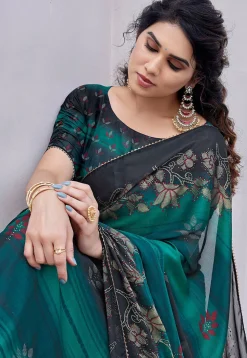 Digital Printed Chiffon Saree in Teal Green and Black