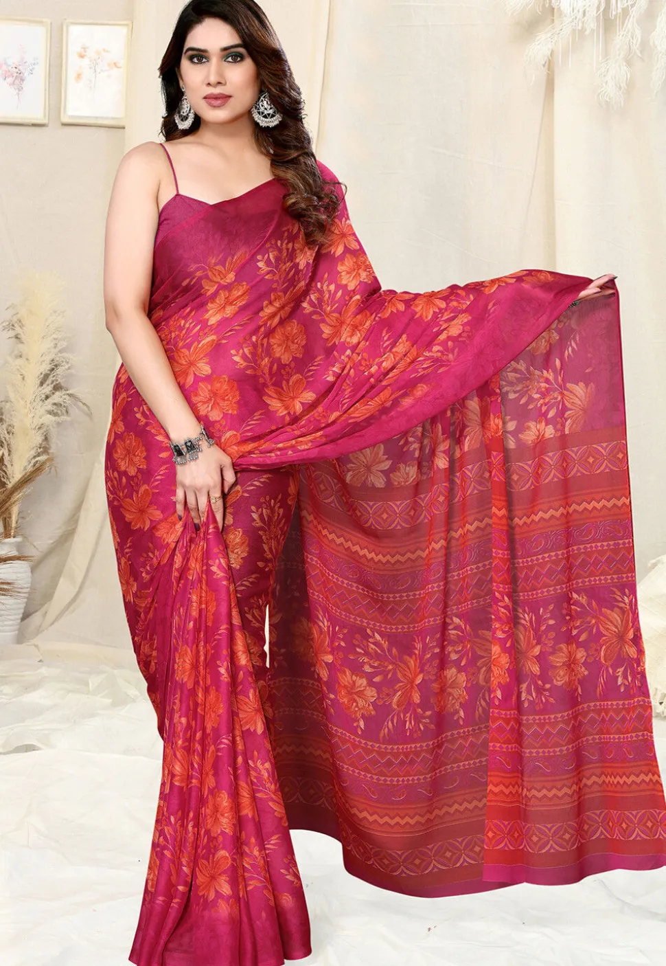 Digital Printed Chiffon Saree in Magenta