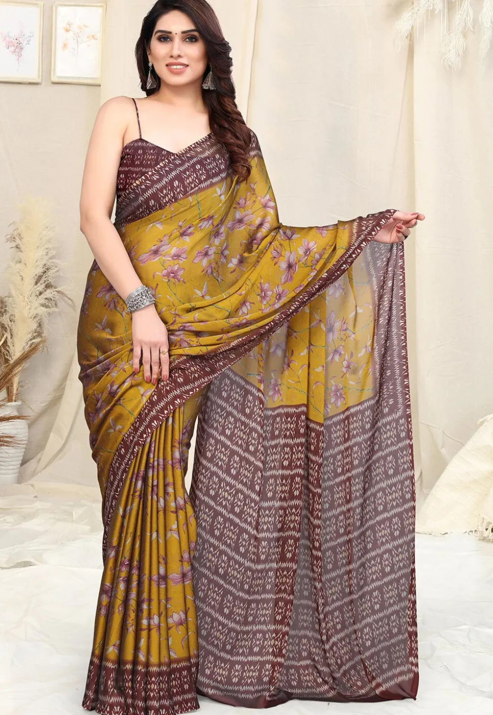 Digital Printed Chiffon Saree in Mustard