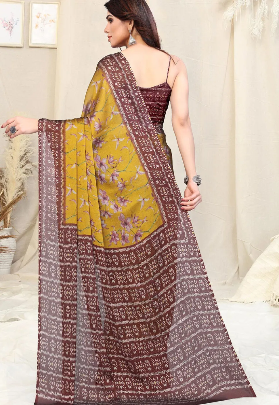 Digital Printed Chiffon Saree in Mustard